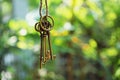 Home key with house keyring hanging with blur garden background