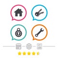 Home key icon. Wrench service tool symbol.