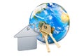 Home key with keychain with Earth Globe, 3D rendering Royalty Free Stock Photo