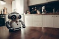 Home kitchen robot helper. Small futuristic white robot standing on kitchen table with copy space at right.