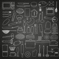 Home kitchen tools and food outline icon on blackboard eps10