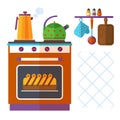 Home kitchenware vector concept with stove, kettle, coffee pot and cake Royalty Free Stock Photo