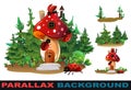 Home of ladybug beetle inside agaric mushroom. Set parallax effect. Wildlife object. Little funny insect. Cute cartoon