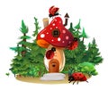 Home of ladybug beetle inside agaric mushroom. Wildlife object. Little funny insect. Cute cartoon style. Isolated on