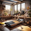 Home with large windows exercise running treadmill