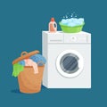 Home laundry concept. Washing machine, soap foam basin, laundry detergent and wicker basket with dirty clothes. Flat