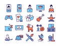 Home leisure line color icons set. Homework: Cleaning, Cooking, Yoga. Isolated vector element