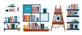 Home library, bookshelves or office shelf, study room interior, isolated icons