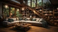 Home library with built-in bookshelves a cozy seating. Generative AI. Royalty Free Stock Photo