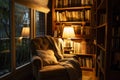 Home library corner with a comfortable seat, soft lighting, and a large collection of books Royalty Free Stock Photo