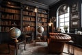 Home Library: Create a set of images that showcase a grand, sophisticated home library. Generative AI