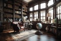 Home Library: Create a set of images that showcase a grand, sophisticated home library. Generative AI