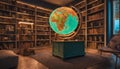 A home library with neon-lit globe decorations, igniting