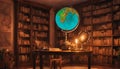 A home library with neon-lit globe decorations, igniting