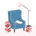 Home library. Stack of books, open book, armchair and lamp in living room. Pile of books vector illustration. Home Royalty Free Stock Photo