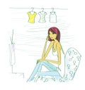 Home life. Girl in a T-shirt and jeans sits in a chair at the tv. Illustration