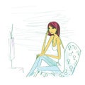 Home life. Girl in a T-shirt and jeans sits in a chair at the tv. Illustration