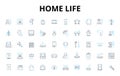 Home life linear icons set. Comfort, Cozy, Family, Love, Memories, Laughter, Warmth vector symbols and line concept