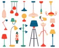 Home light. Interior lamps, ceiling lamps, pendant, reading lamp, spotlight and floor lamp. Indoor lighting vector