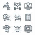 home line icons. linear set. quality vector line set such as multitasking, online education, video calling, check list, online