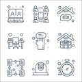 home line icons. linear set. quality vector line set such as watch, webcam, sharing file, work time, feedback, office desk, video