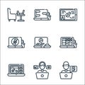 Home line icons. linear set. quality vector line set such as working, working, video calling, calendar, working at home, mute,