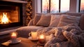 Home living room on a winter evening with cozy fireplace in style of Hygge. Soft blankets and cushions on the sofas Royalty Free Stock Photo