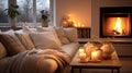 Home living room on winter evening with cozy fireplace in style of Hygge. Soft blankets and cushions on sofas create an Royalty Free Stock Photo