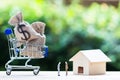 US dollar money bag in shopping cart, residential, house on table against green nature background. Royalty Free Stock Photo