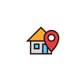 Home locator icon. house with pin location symbol. simple clean thin outline style design.