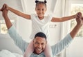 Home, love and girl on dad shoulder having fun, playing and bonding together for quality time. Affection, black family Royalty Free Stock Photo