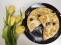 Home made apple cake in the black plate served on table Royalty Free Stock Photo