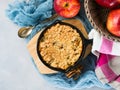 Home made apple crumble in cast iron skillet