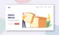 Home Made Bakery Landing Page Template. Tiny Man with Huge Baked Tommy, Male Character Holding Piece of Homemade Bread