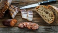 Home made beacon and sausage with bread and knife on rustic wooden table Royalty Free Stock Photo