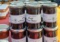 Home made black olives confit sold at local market in Provence region. France Royalty Free Stock Photo