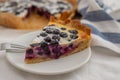Home made blueberry vanille cheesecake pie closeup on blue plate