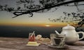 Home made bread on butcher and black coffee in clear glass for breakfast concept on wooden table. Background blur mountian