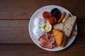 Home-made breakfast includes: Eggs, sausages, bacon. Fried breaded fish, toasted tomatoes, grilled mushrooms and butter are Royalty Free Stock Photo