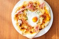 Home made cheese, prosciutto and egg pizza