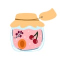 Home made cherry, apricot, currant jam, canned fruit in cartoon hand drawn flat style. Vector illustration of glass jar Royalty Free Stock Photo