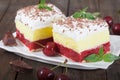 Homemade cherry cake with vanilla and whipping cream on wooden table Royalty Free Stock Photo