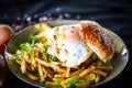 Home made chicken burger with delicious french fries Royalty Free Stock Photo