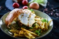 Home made chicken burger with delicious french fries Royalty Free Stock Photo