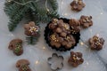 Home made chocolate Christmas cookies with festive decoration Royalty Free Stock Photo