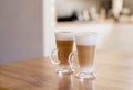 Home made coffee Cafe Macchiato on wooden table. Royalty Free Stock Photo