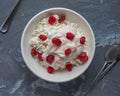 Home-made cottage cheese with sour cream of melted cream with berries dried cherries in a deep white plate, on a gray background, Royalty Free Stock Photo
