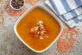 Curried red lentil tomato and coconut soup