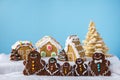 Home made delicious traditional gingerbread village and gingerbread man family blue background.