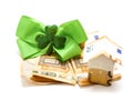 Home made of Euro bank notes on pile of cash and green bow with shamrock. Buying property in Ireland concept. Special offers for